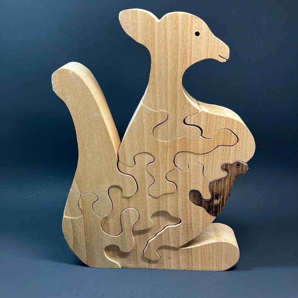 Wooden Jigsaw Puzzle Kangaroo with Joey 11.5in Natural Handcrafted Unbranded
